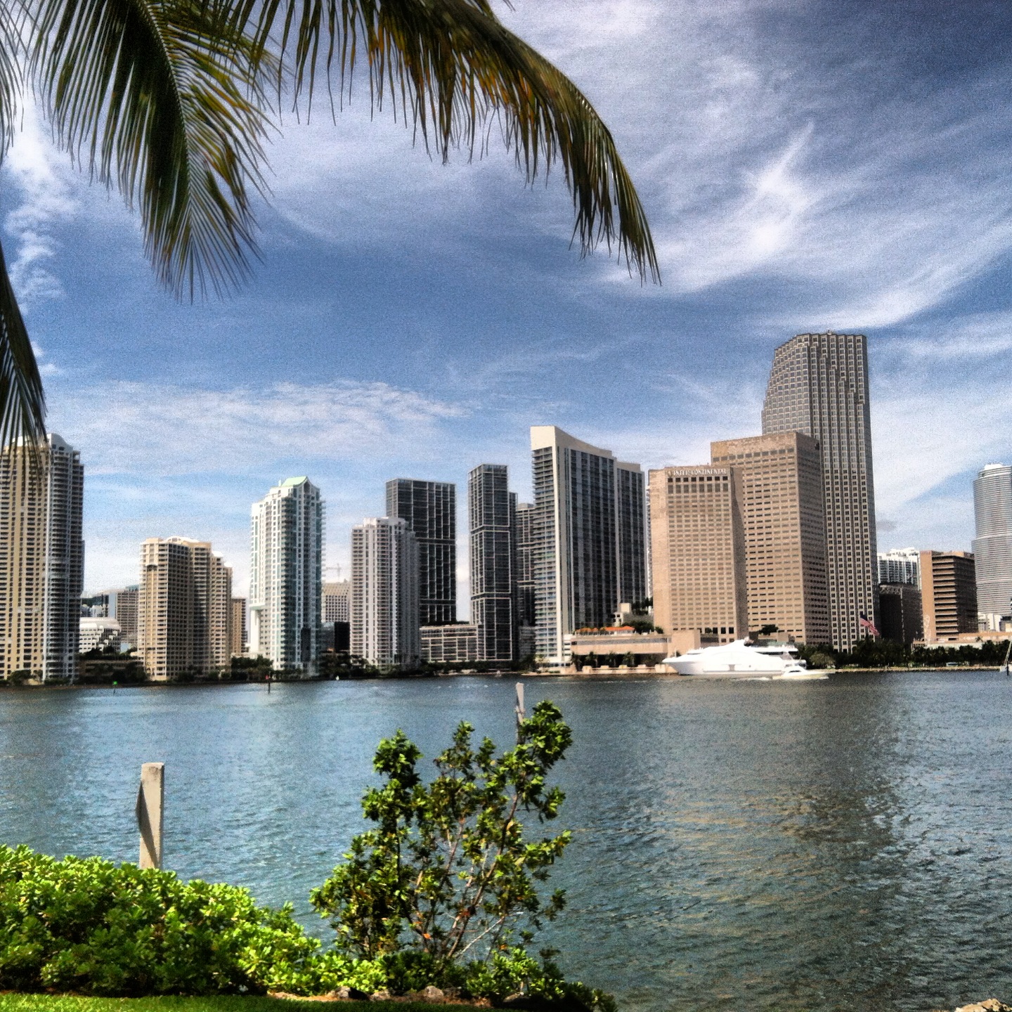 Biscayne Bay with tall city buildings overlooking in Miami.
